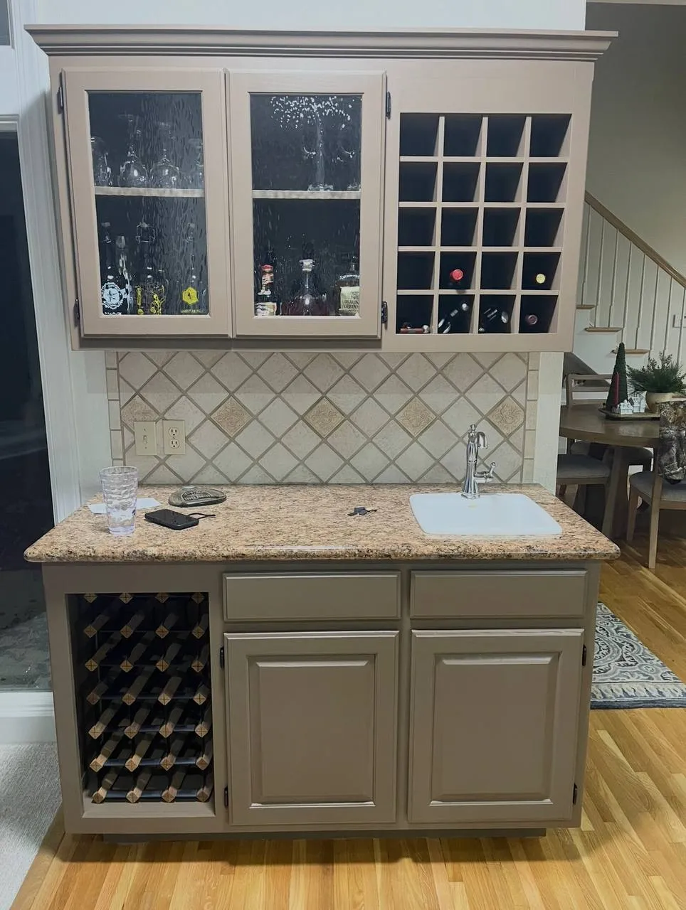 The same wet bar refinished in a modern taupe