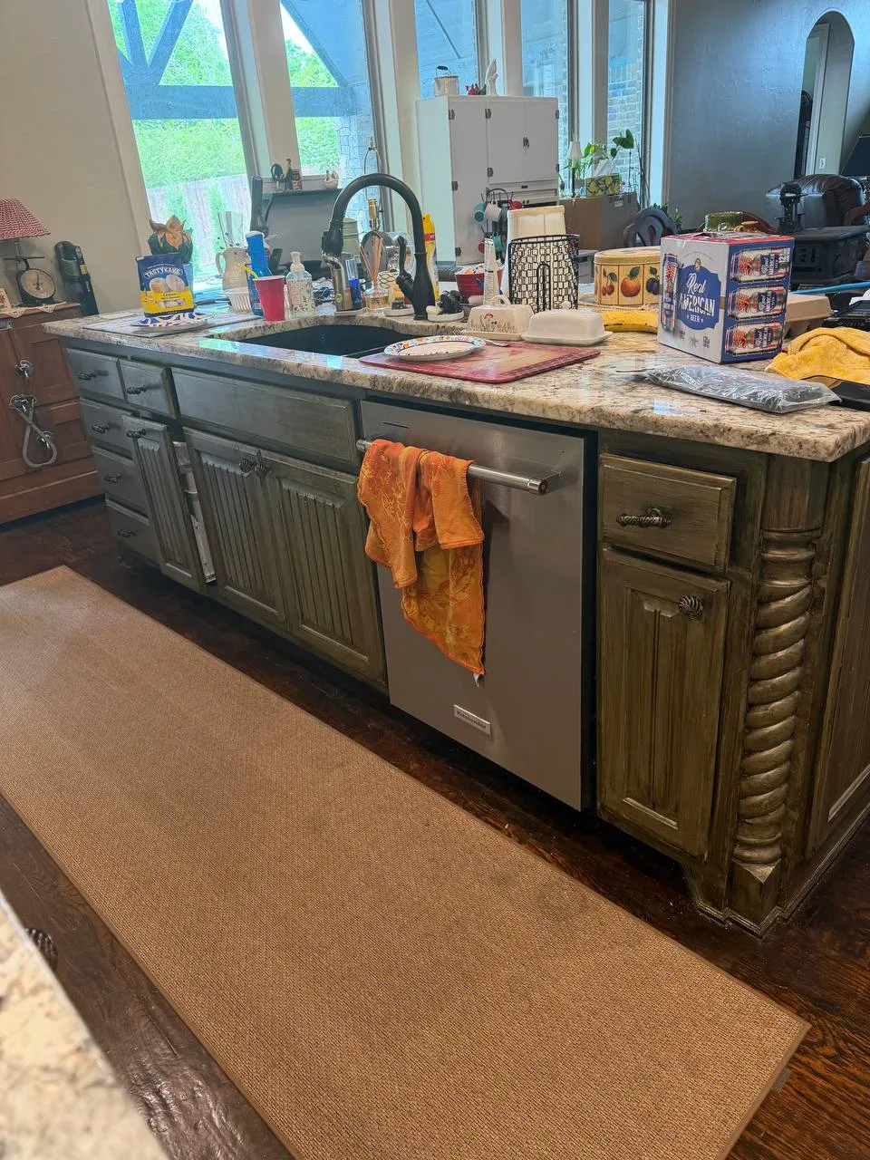 Olive kitchen island before refinishing