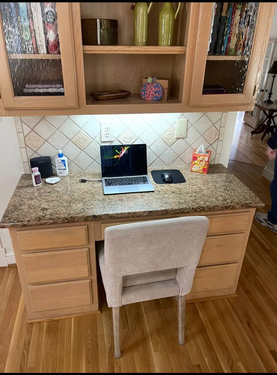 Oak built-in desk and hutch before refinishing